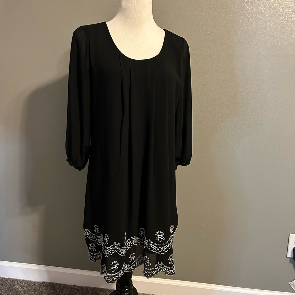 As U Wish black flowey, 3/4 sleeve dress with white embroidery at the bottom